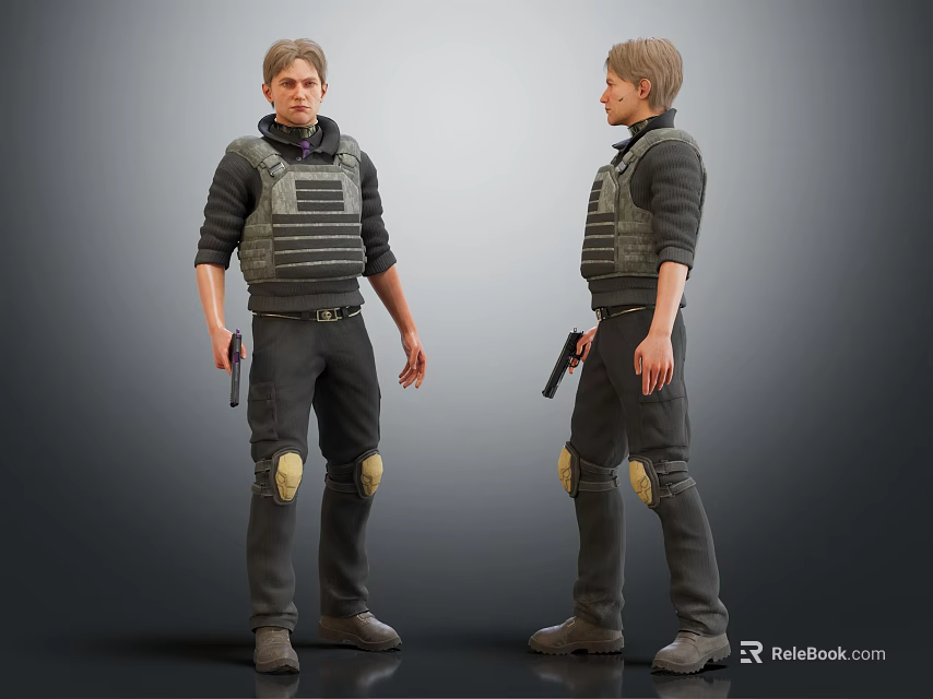 Man In Tactical Vest With Knee Pads Holding Pistol 3d model 
