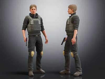 Man In Tactical Vest With Knee Pads Holding Pistol 3d model