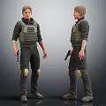 Man In Tactical Vest With Knee Pads Holding Pistol