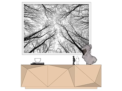 Modern Living Room Decor with Geometric TV Stand Black White Tree Painting and Gray Sculpture 3d model