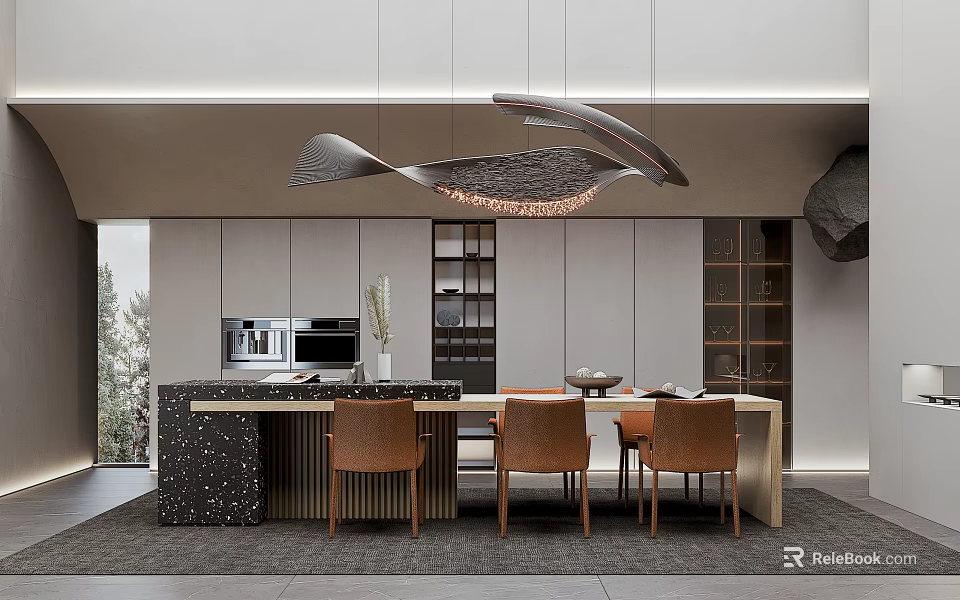 Modern Restaurant Interior Design With Dining Table Chairs Pendant Light And Cabinets 3d model