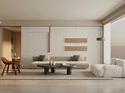 Modern Living and Dining Area Interior With Light Colored Sofa Coffee Table And Wooden Chair 3d model
