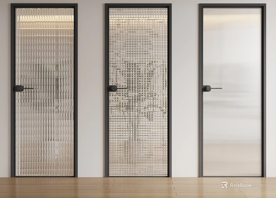 Modern Interior Hinged Doors With Glass Panels Various Textures And Black Frames 3d model
