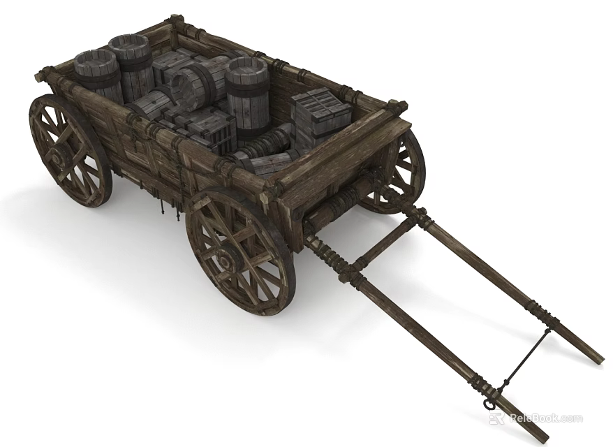 Vintage Wooden Cart Loaded With Barrels And Crates On White Background 3d model 