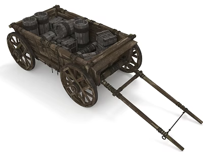 Vintage Wooden Cart Loaded With Barrels And Crates On White Background 3d model