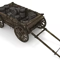 Vintage Wooden Cart Loaded With Barrels And Crates On White Background