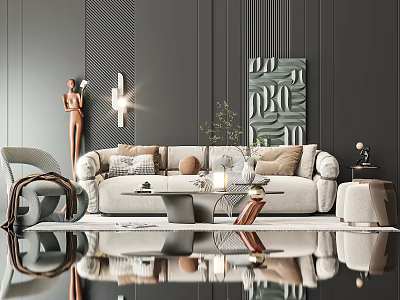 Modern Living Room Sofa and Coffee Table Set with Decorative Elements and Artwork 3d model
