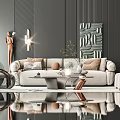 Modern Living Room Sofa and Coffee Table Set with Decorative Elements and Artwork 3d model
