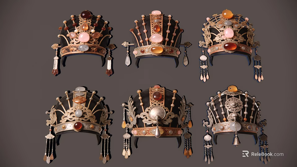 Elaborate Traditional Decorative Pendants With Gemstones Metal Frames And Tassels 3d model 
