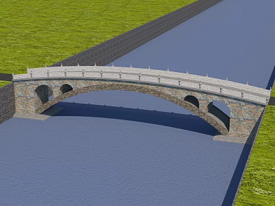 Stone Arch Bridge Over Blue Water With Green Grass And Road 3d model