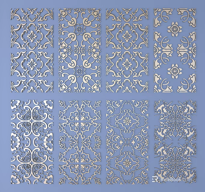 Intricate Decorative Carved Patterns With Various Artistic Designs On Blue Background 3d model 