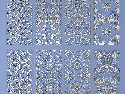 Intricate Decorative Carved Patterns With Various Artistic Designs On Blue Background 3d model