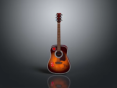 Vintage Style Acoustic Guitar With Brown Wooden Body And Decorative Stickers For Home Use 3d model