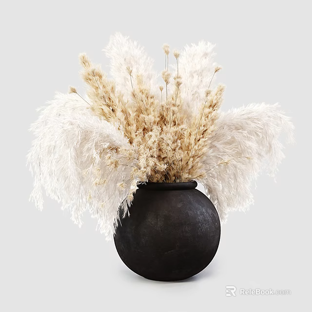 Natural Dried Flowers Arrangement In Black Pottery Vase With White Beige Plumes 3d model 