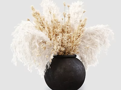 Natural Dried Flowers Arrangement In Black Pottery Vase With White Beige Plumes 3d model