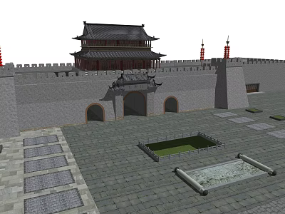 Ancient Chinese Architecture Featuring City Gate Tower And Stone City Wall 3d model