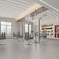 Modern Hair Salon Interior With Stylish Hairdressing Chairs Mirrors Ceiling Lights And Product Shelves