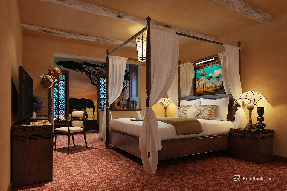 Elegant Hotel Room Featuring Four Poster Bed White Canopy And Tropical Wall Art 3d model 