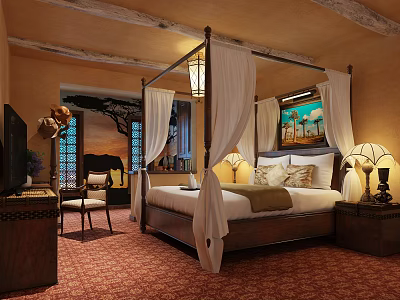 Elegant Hotel Room Featuring Four Poster Bed White Canopy And Tropical Wall Art 3d model