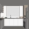 Modern White Kitchen Interior With Window Blinds Stove Sink And Cabinets