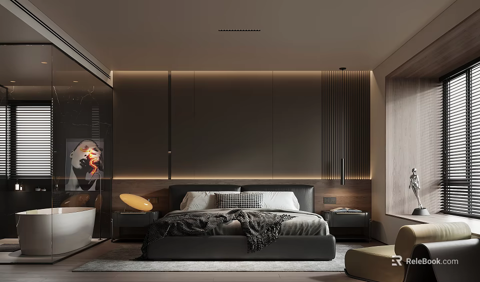 Modern Bedroom Interior Design With Paneled Accent Wall Grey Blanket Bathtub And Accent Chair 3d model 