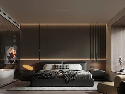Modern Bedroom Interior Design With Paneled Accent Wall Grey Blanket Bathtub And Accent Chair 3d model