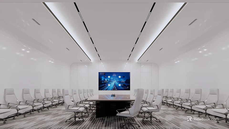 Modern Conference Room Interior Design With Long Table White Chairs And Large Screen 3d model 