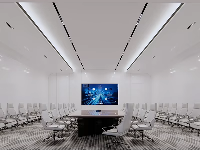 Modern Conference Room Interior Design With Long Table White Chairs And Large Screen 3d model