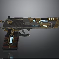 Futuristic Sci-Fi Pistol With Metallic Finish Gold Blue Accents And Glowing Elements