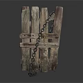 Old Wooden Entrance Gate With Iron Bars And Hanging Chain