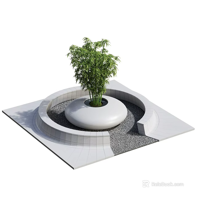 Park Landscape Featuring Circular Planter With Bamboo Plant And Gray Gravel Square Platform 3d model 