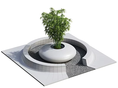 Park Landscape Featuring Circular Planter With Bamboo Plant And Gray Gravel Square Platform 3d model