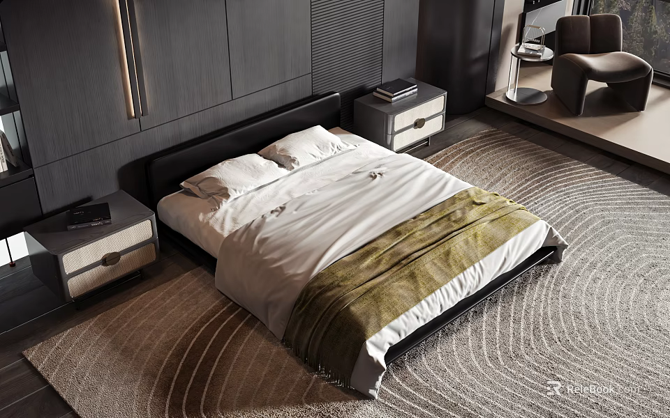 Modern Double Bed With White Bed Linens Green Blanket Nightstands And Woven Rug 3d model 