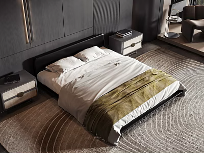 Modern Double Bed With White Bed Linens Green Blanket Nightstands And Woven Rug 3d model