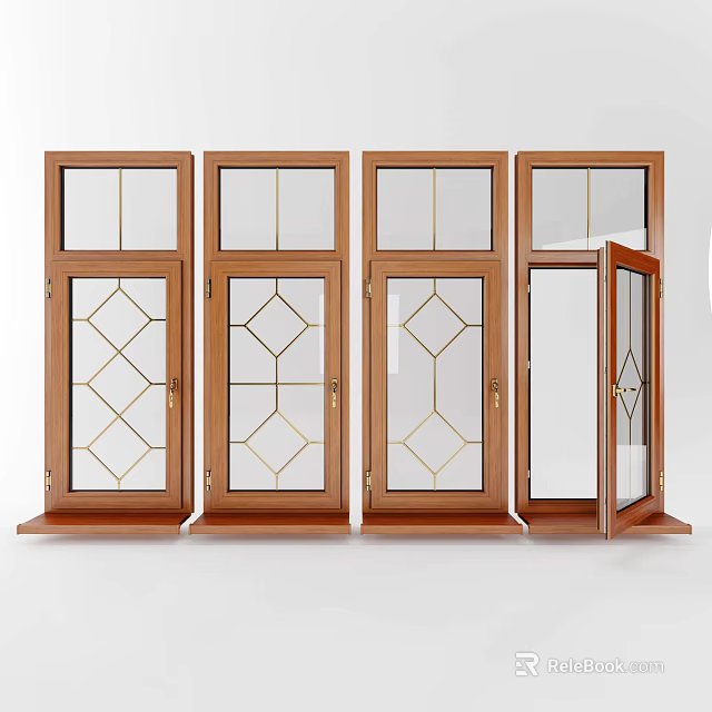 Casement Windows Wooden Frame With Geometric Glass Patterns One Open Showing Stylish Design 3d model 