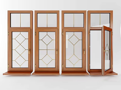 Casement Windows Wooden Frame With Geometric Glass Patterns One Open Showing Stylish Design 3d model