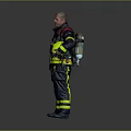 A Man in Firefighter Uniform with Hands on Hips Holding Yellow Helmet Against Grey Background