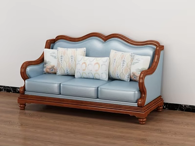 Elegant Blue Three Seater Sofa With Wooden Frame And Patterned Pillows On Wooden Floor 3d model