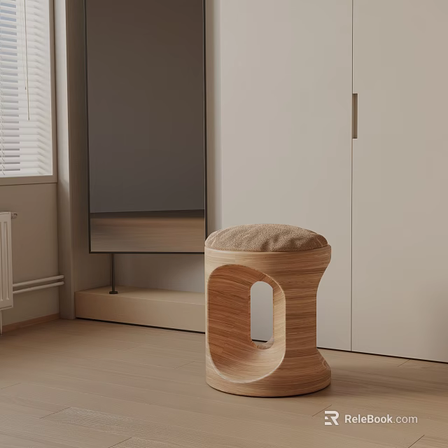 Wooden Side Table with Brown Upholstered Top Beside White Cabinet Gray Wall Light Wooden Floor 3d model 