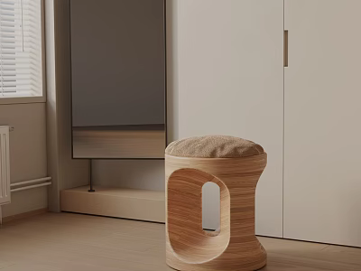 Wooden Side Table with Brown Upholstered Top Beside White Cabinet Gray Wall Light Wooden Floor 3d model