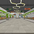 Spacious Supermarket Interior With Stocked Fruit Vegetable Shelves Hexagonal Pendant Lights And Green Pillars