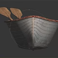 Detailed Wooden Small Boat with Red Interior Seats and Wooden Oars
