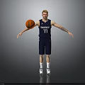 Basketball Player In Navy Blue Jersey With Memphis Number 77 Holding Basketball And Arms Outstretched