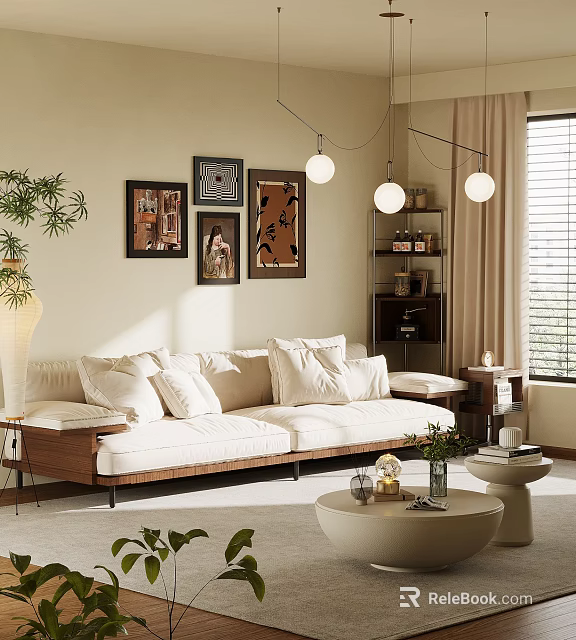 Beige Sectional Sofa With White Pillows In Cozy Living Room With Artworks And Pendant Lights 3d model 