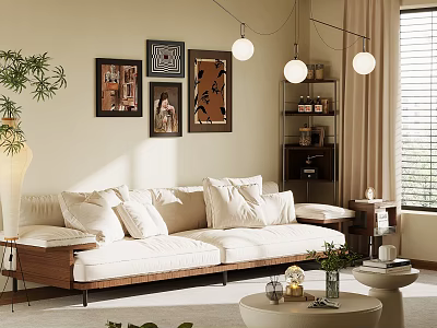 Beige Sectional Sofa With White Pillows In Cozy Living Room With Artworks And Pendant Lights 3d model