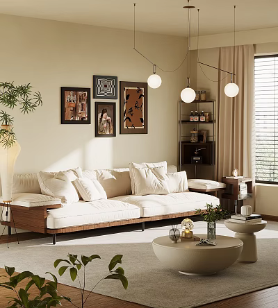 Beige Sectional Sofa With White Pillows In Cozy Living Room With Artworks And Pendant Lights 3d model