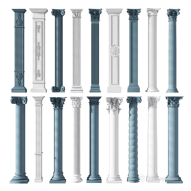 Classical Roman Columns With Ornate Carvings Spiral Patterns And Color Variations 3d model 