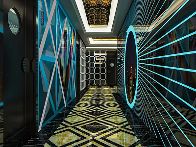 KTV Corridor Design with Blue Lighting Geometric Pattern Floor and Mirror Walls 3d model