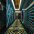 KTV Corridor Design with Blue Lighting Geometric Pattern Floor and Mirror Walls