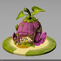 Tiny Elf Character By Whimsical Pink Mushroom House With Green Leaves And Grass Path